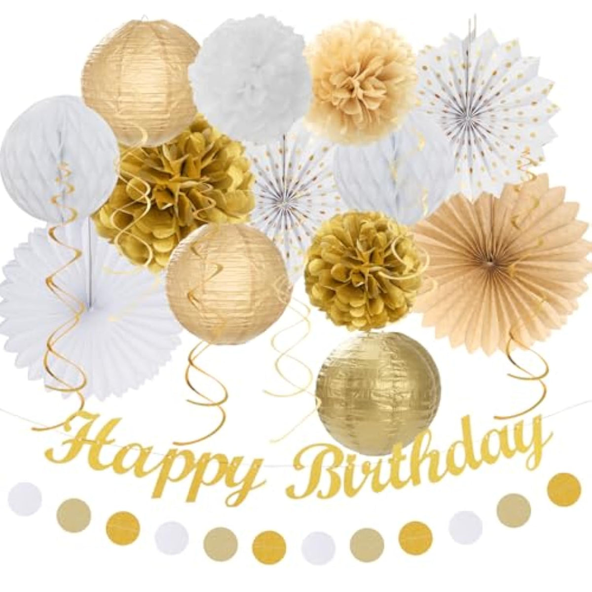 White Champagne Gold Birthday Party-Decorations - 21Pcs Happy Birthday Banner,Paper Lanterns,Tissue Pom Poms Flower Fan,Honeycomb Ball,Swirl Streamers Garland Supplies Women Men Decor