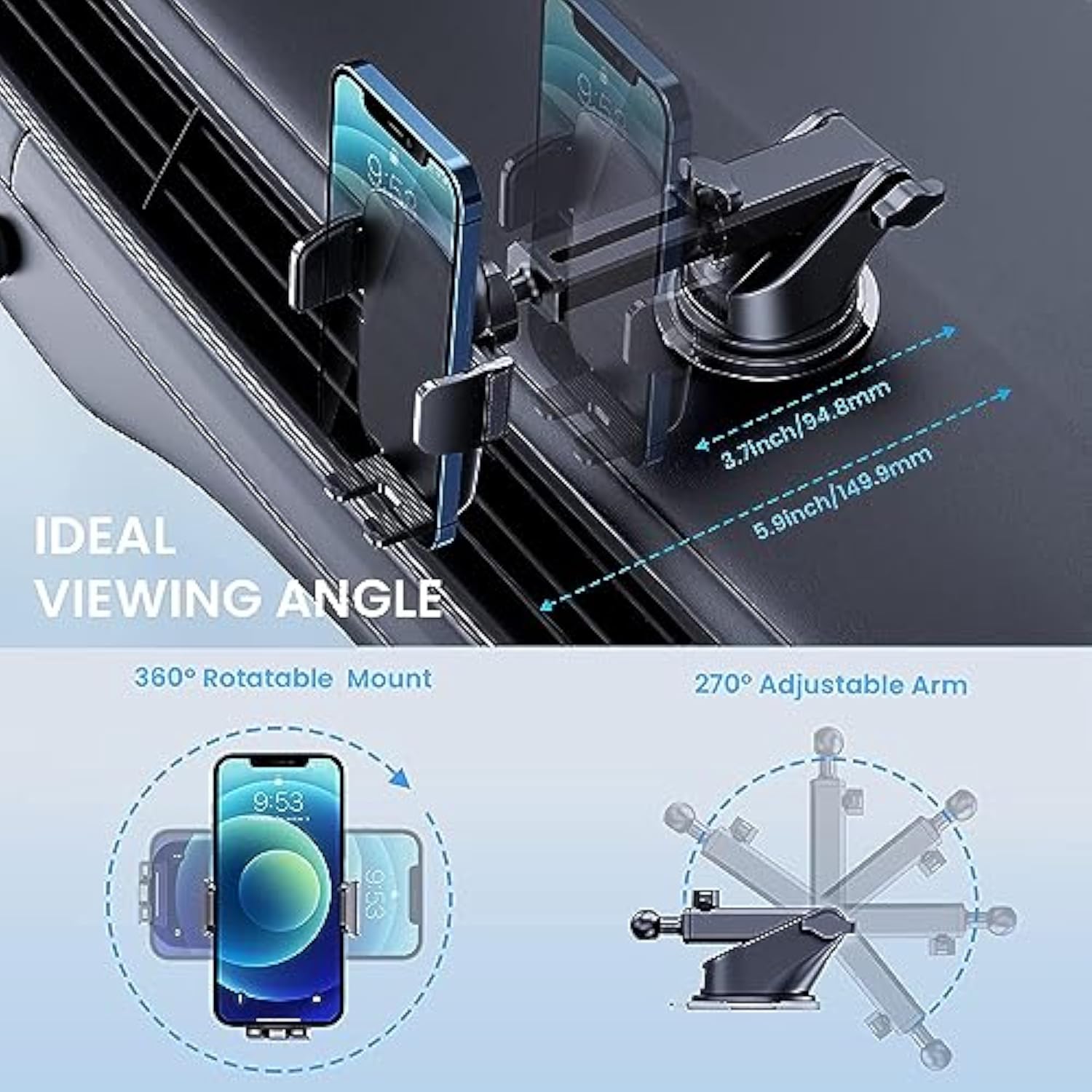Phone Mount for Car Phone Holder [Military-Grade Suction & Stable Clip] Car Phone Holder Mount Windshield Dashboard Air Vent Universal Automobile Mount Fit for All iPhone Android Smartphones