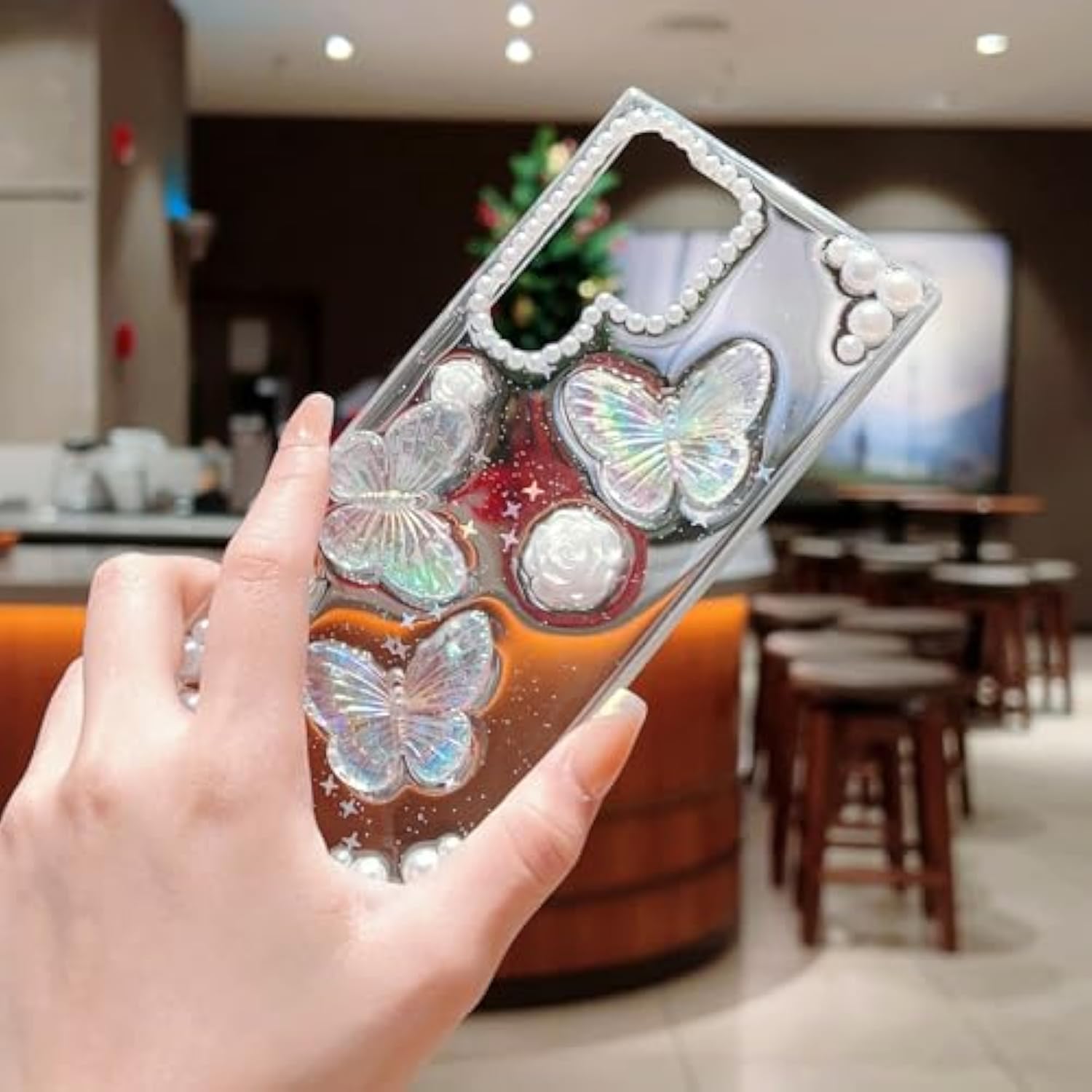 For Samsung Galaxy S23 Ultra Clear Glitter Case,Cute 3D Butterfly Floral Pearl Bling Sparkle Shiny With Wrist Strap Soft Tpu Aesthetic Women Girls Phone Case For Galaxy S23 Ultra 6.8" (Clear)