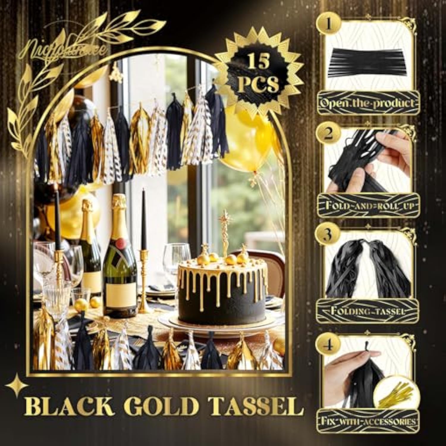 Black Gold Graduation Party Decorations, 15Pcs Black Gold Tissue Paper Tassel Garland For Birthday, Wedding, Bridal Shower, Bachelorette Party, 2026 New Year'S Eve Party Supplies