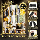 Black Gold Graduation Party Decorations, 15Pcs Black Gold Tissue Paper Tassel Garland For Birthday, Wedding, Bridal Shower, Bachelorette Party, 2026 New Year'S Eve Party Supplies