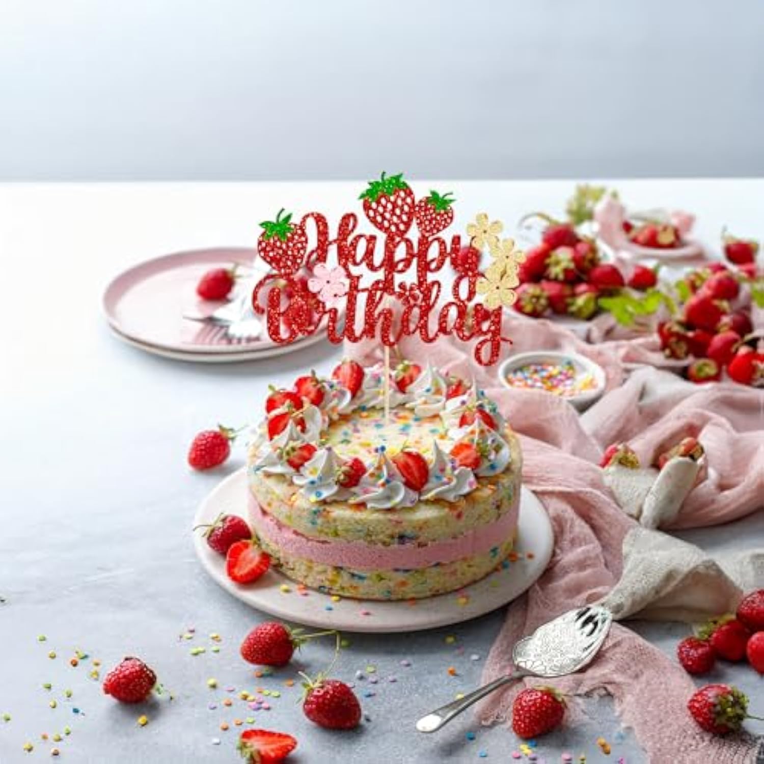 1Pc Strawberry Happy Birthday Cake Topper Red Glitter Flower Fruit Theme Birthday Berrry Cake Pick Decorations For Strawberry Theme Baby Shower Kids Birthday Party Cake Decorations Supplies