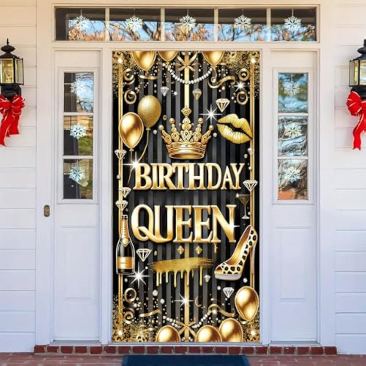 Black Gold Birthday Queen Door Cover Banner 71 X 35 Inch Happy Birthday Backdrop Photography Background Decoration For Women Girls Birthday Party Home Outdoor Decor