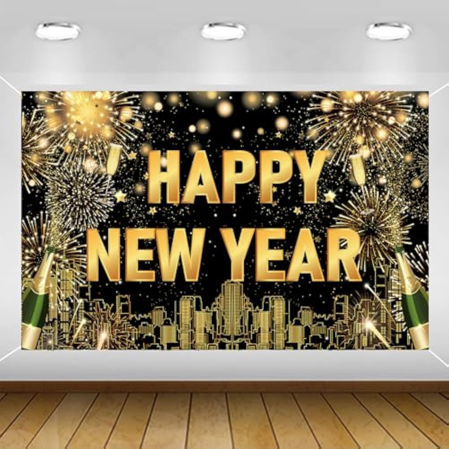 Large Happy New Year Backdrop Banner Black Gold 2026 Party Decorations