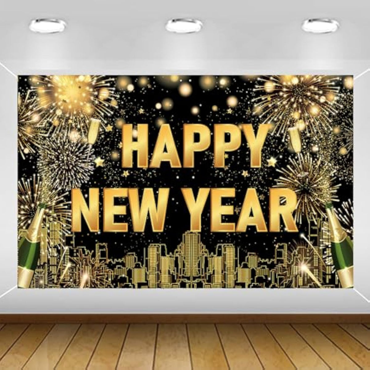 Large Happy New Year Backdrop Banner Black Gold 2026 Party Decorations