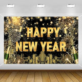 Large Happy New Year Backdrop Banner Black Gold 2026 Party Decorations