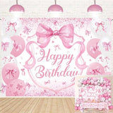 Pink Bow Birthday Backdrop for Girls 7x5FT Pink Balloon Bowknot Photography Background Cute Coquette Bachelorette Happy Birthday Banner Decorations Supplies Photo Props