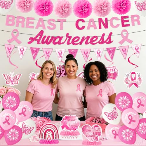 Breast Cancer Awareness Decorations, 33PCS Breast Cancer Awareness Month Party Banner Hanging Swirls Honeycomb Centerpieces Pompoms Balloons Decor Set, Pink Ribbon Party Supplies for Women