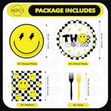 96 Pcs Two Cool Dude Birthday Party Decorations 350 Gsm 2Nd Birthday Party Supplies Tableware Set For Two Year Old Happy Dude Yellow Black Lightening Checkered Party Baby Shower Decor Serves 24 Guests