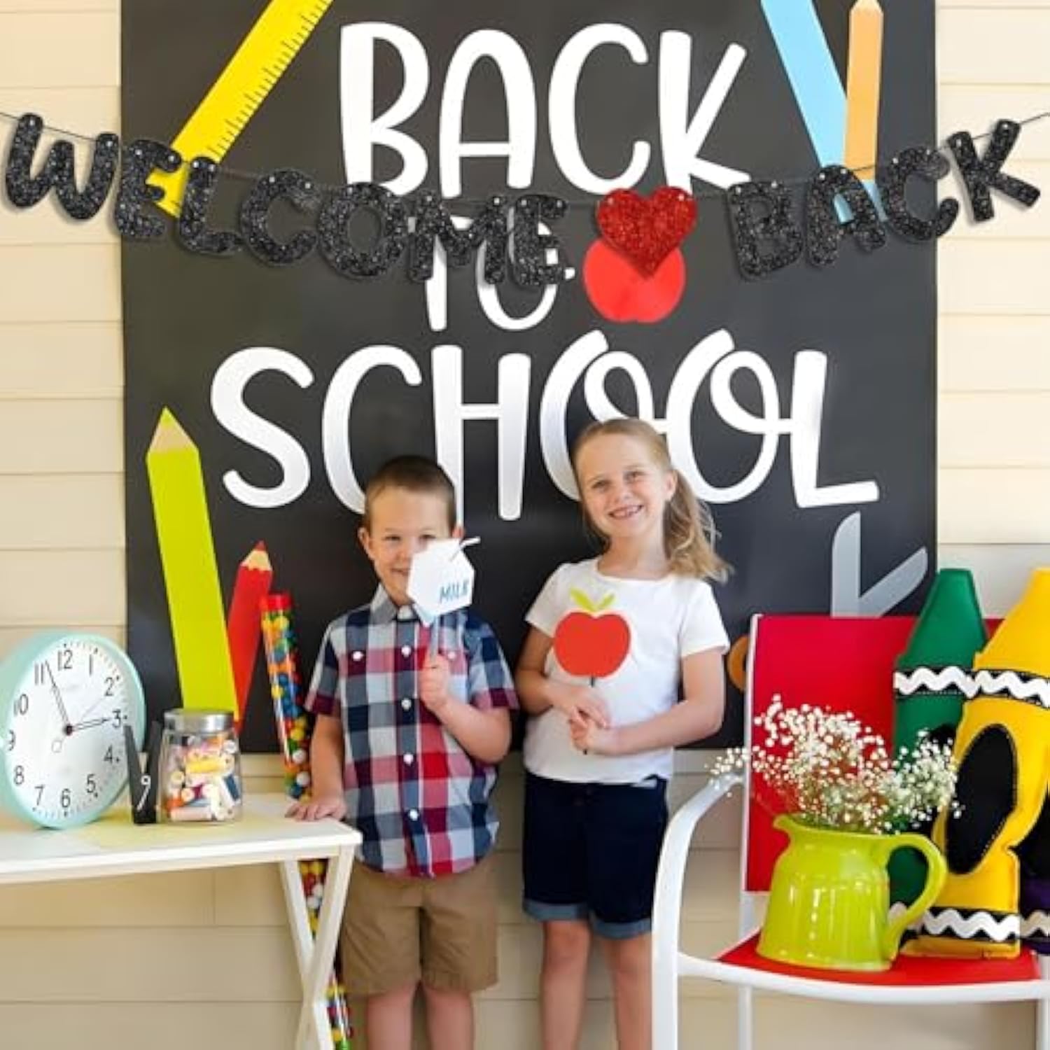 Black Glitter Welcome Back Banner, First Day of School Decorations