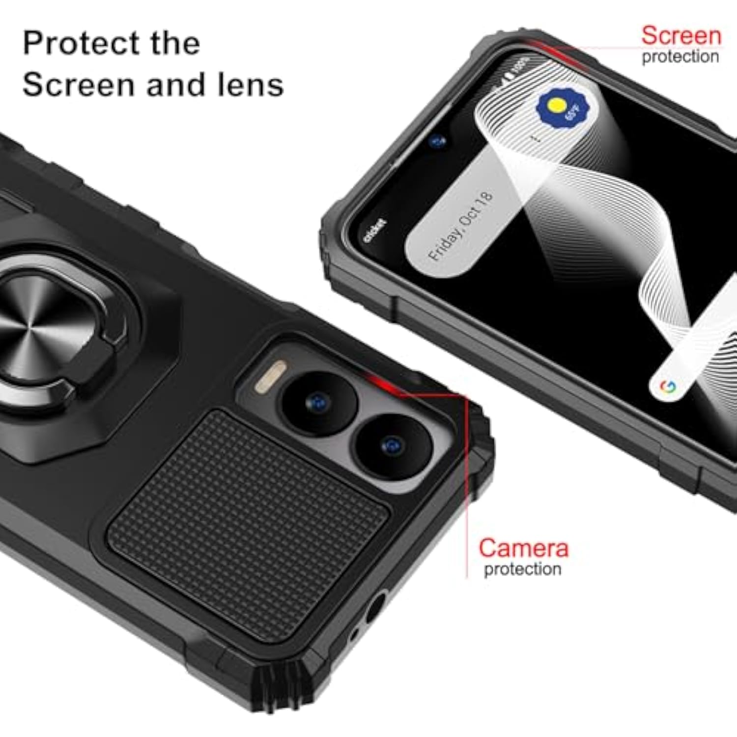 For Cricket Icon 6 Phone Case/At&T Verge Case With Tempered Glass Screen Protector,Military Grade Heavy Duty Shockproof Protective Cover,With Ring Kickstand (Cricket Icon 6, Black)