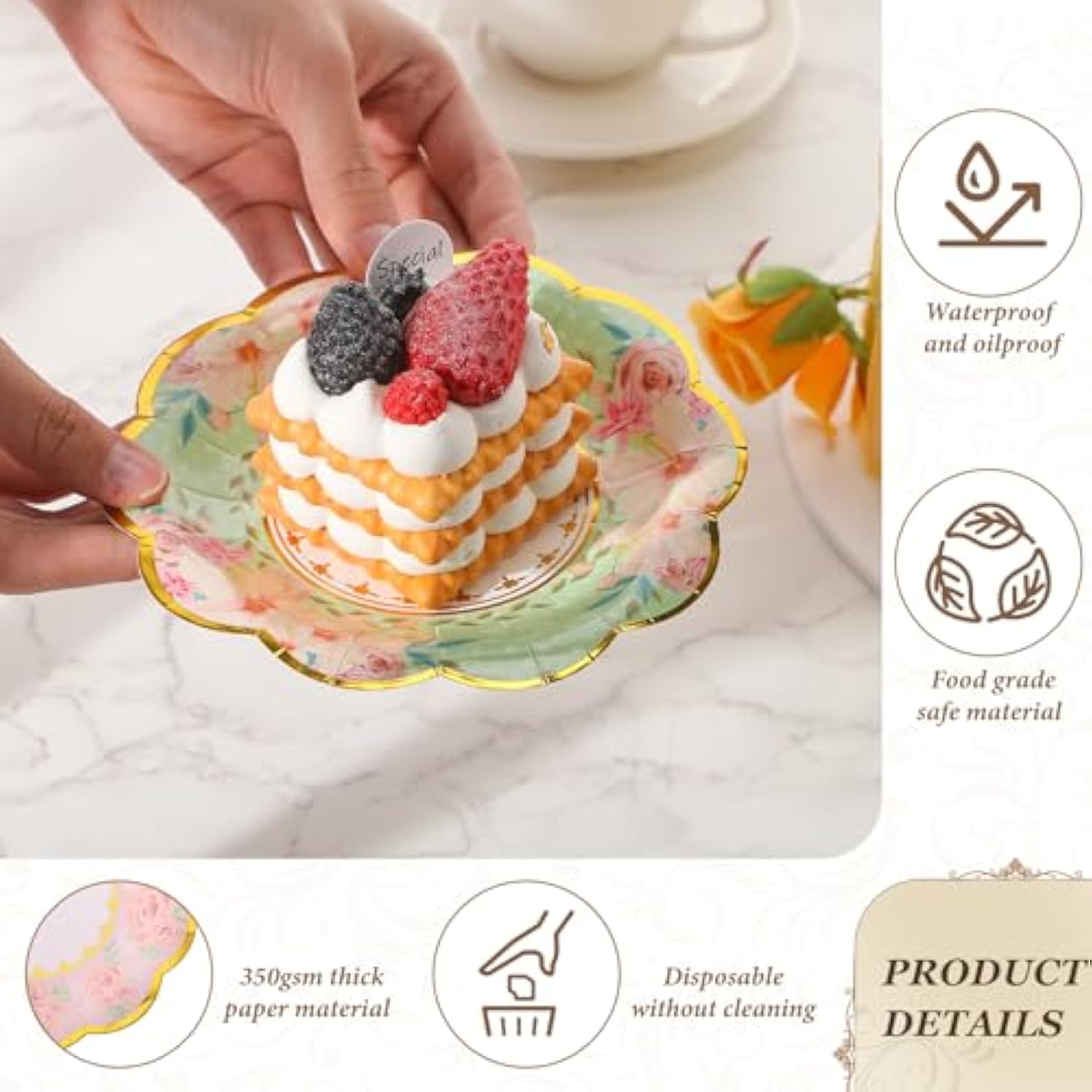 72 Pcs 6 Inch Floral Paper Plates With Gold Rim Disposable Flower Plates For Tea Party Decorations Birthday Baby Shower Wedding Bridal Supplies