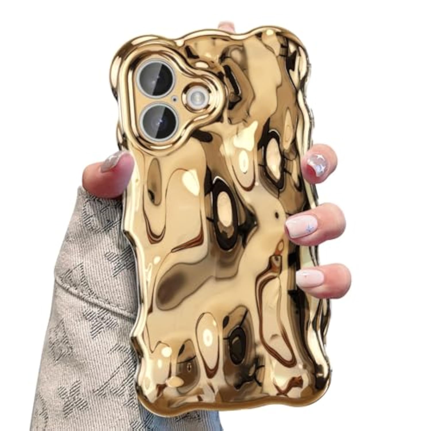 Cute Silver Ripple Case for iPhone 17, 3D Chrome Design Water Ripple Shell Phone Cover, Wave Shape Aesthetic Case for Women and Girls, Gold