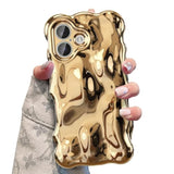Cute Silver Ripple Case for iPhone 17, 3D Chrome Design Water Ripple Shell Phone Cover, Wave Shape Aesthetic Case for Women and Girls, Gold