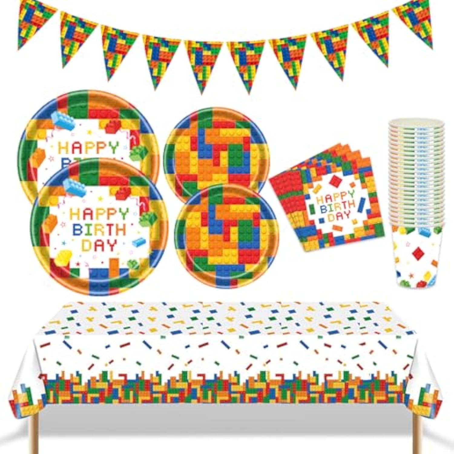Building Block Party Decorations 98Pcs Building Block Party Decorations Suppiles Set Include Plates, Napkins, Cups, Banner And Tablecloth Building Block Theme Party Favors Kit (Building Block)