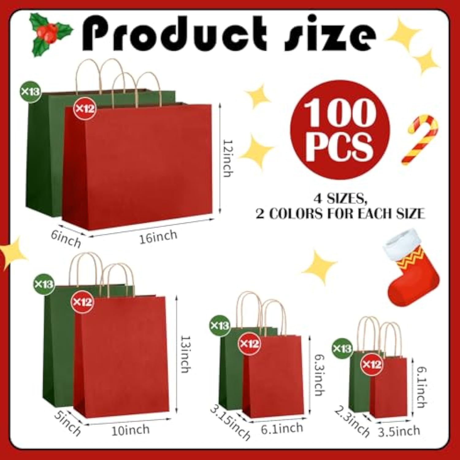 100 Pcs Red And Green Christmas Gift Bags Kraft Paper Bags With Handles Holiday Gift For Wedding Baby Shower Bridal Shower Shopping Party Favor Business (4 Size)