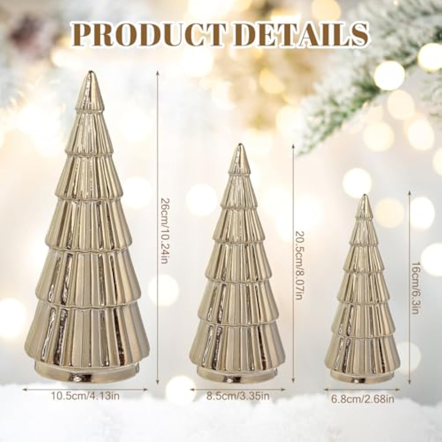 3 Pieces Gold Ceramic Christmas Tree Figurines Tabletop Small Decorative Xmas Tree Desktop 6.3" & 8.1" & 10.2" Tall Holiday Table Centerpieces For Office Home Mantle Shelf Cabinet Decor Indoor