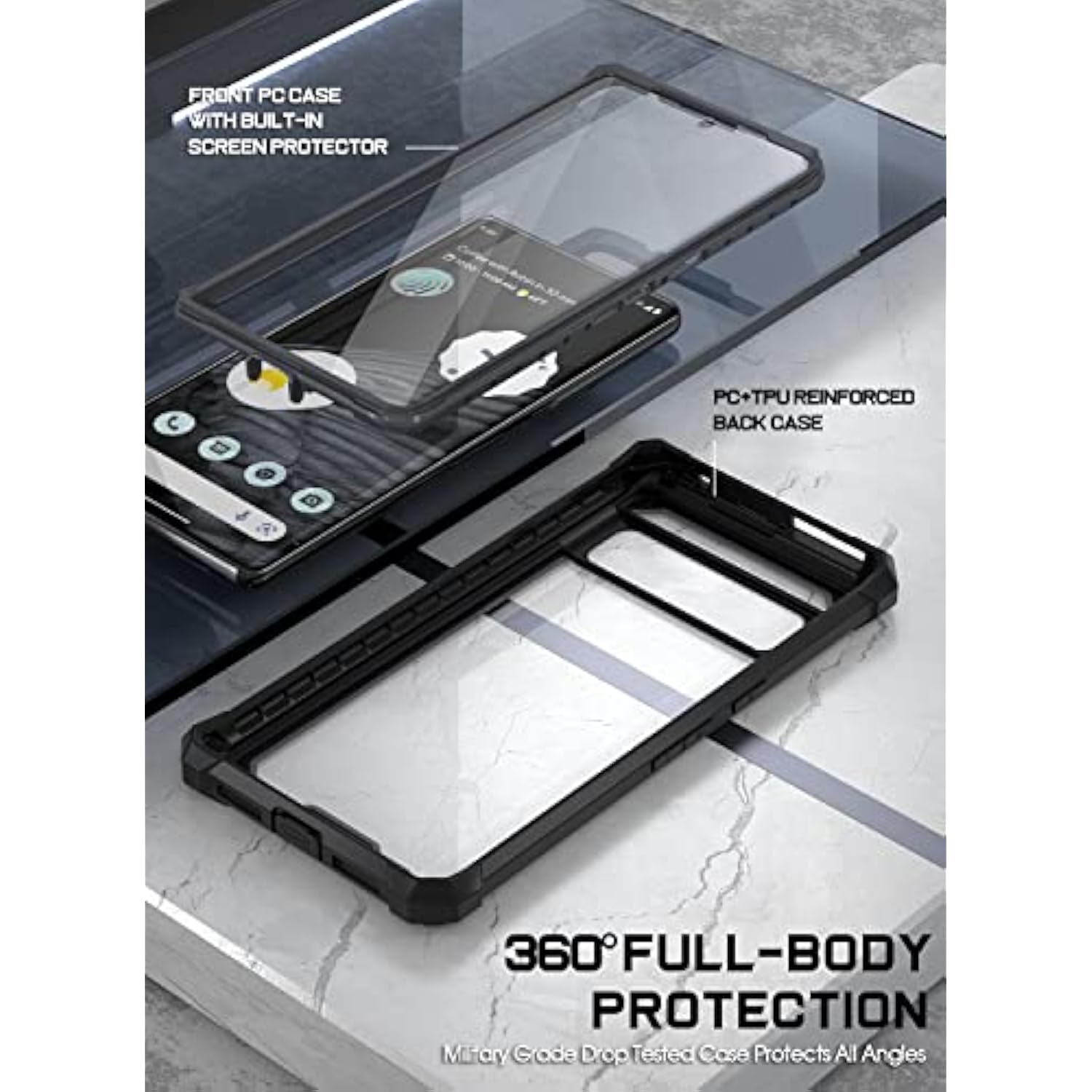 Guardian Case Compatible With Pixel 7 Pro 5G, Builtin Screen Protector Work With Fingerprint Id, Full Body Hybrid Shockproof Protective Rugged Clear Bumper Cover Case, Black/Clear