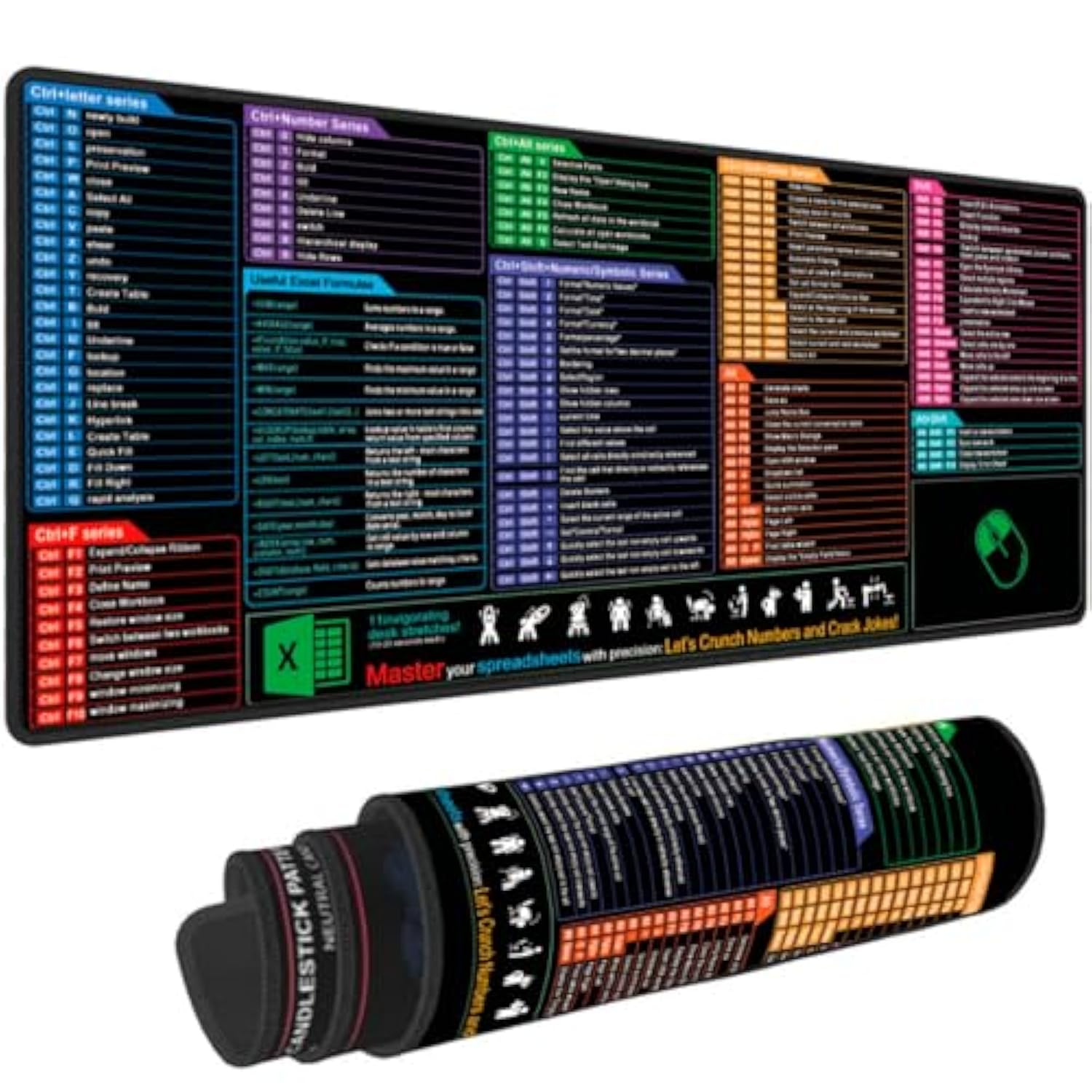 Excel Shortcuts Cheat Sheet Desk Pad - 31.5X11.8 Inch Large Mouse Pad Keyboard Mat, Non-Slip Office Desk Mat For Spreadsheet Reference, Gaming & Work Accessories