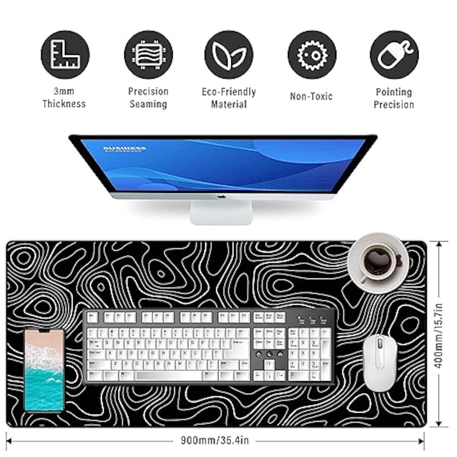 Large Gmaing Mouse Pad With Stitched Edges, Superior Micro-Weave Cloth, Non-Slip Base, Size 35.4 X 15.7X 0.12Inches - Black Topographic Contour