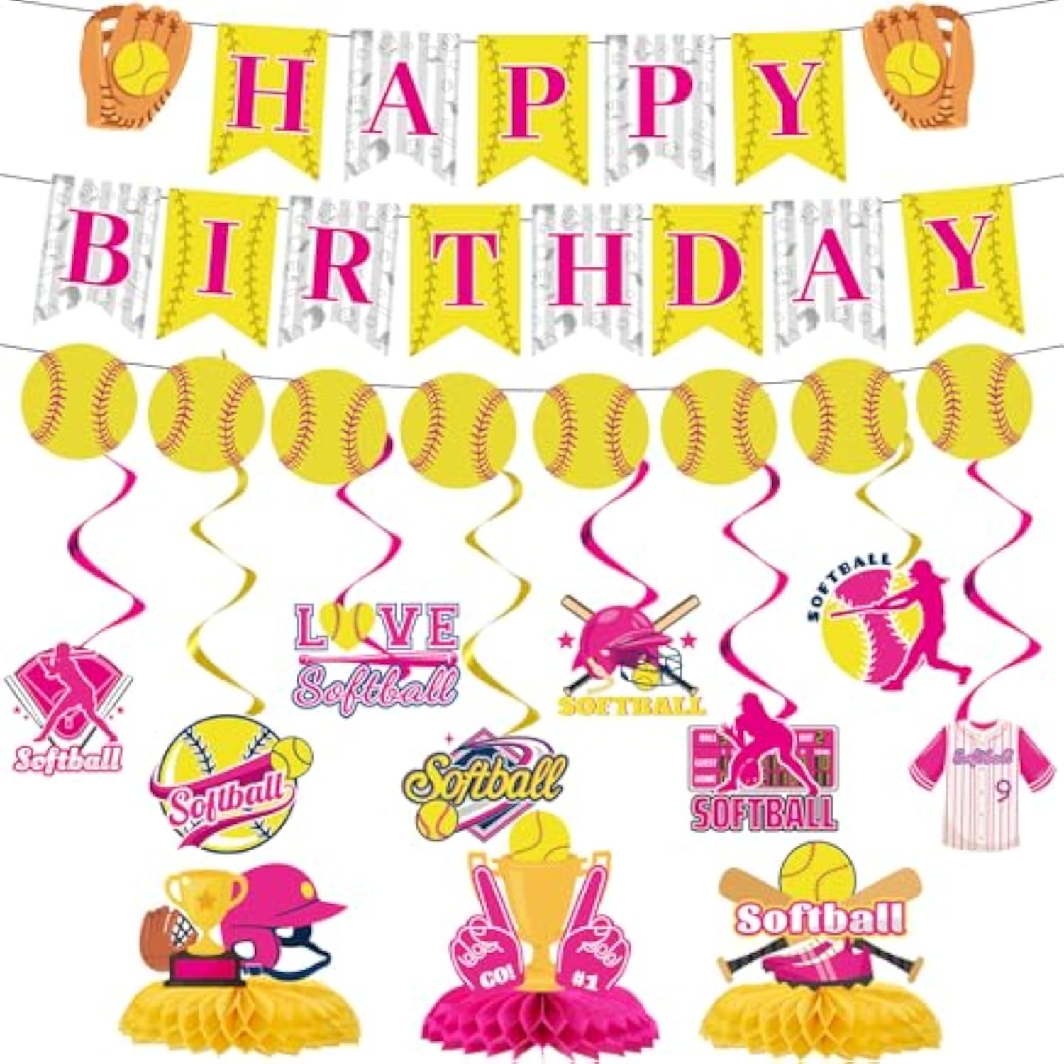Softball Birthday Party Decorations - Themed Happy Banner, Hanging Swirls, Honeycomb Centerpieces, Table Decor, Sports Party Supplies