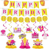 Softball Birthday Party Decorations - Themed Happy Banner, Hanging Swirls, Honeycomb Centerpieces, Table Decor, Sports Party Supplies