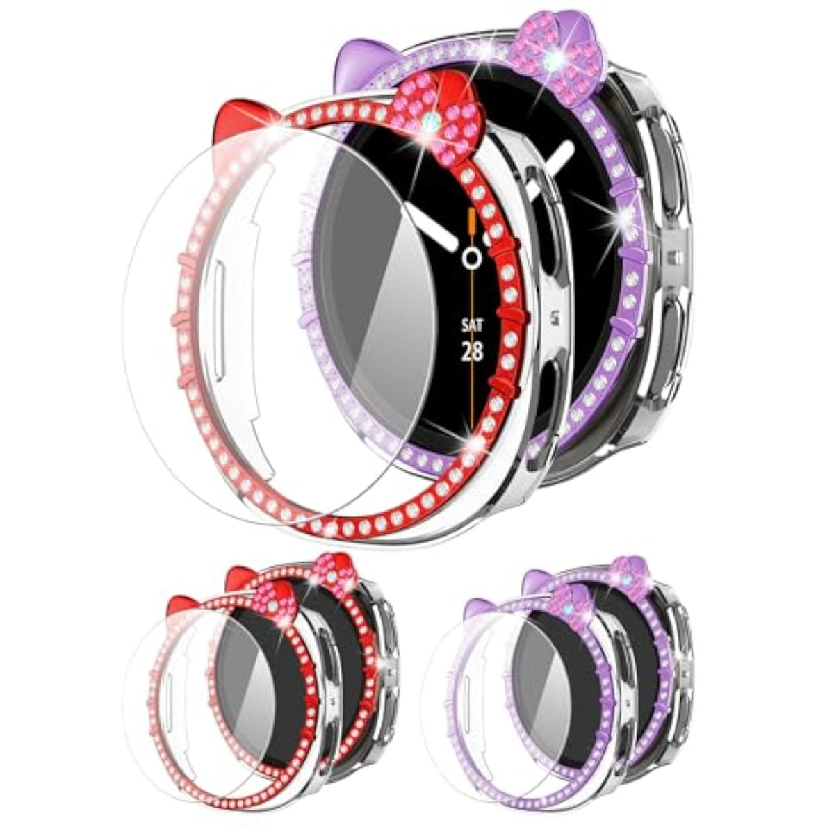 [2+2Pack Bling Diamond Case For Samsung Galaxy Watch 8 Screen Protector 40Mm Cute Cat Women, Glitter Rhinestone Protective Hard Pc Bumper Covers For Galaxy Watch 8 Case 40Mm Cover Accessories