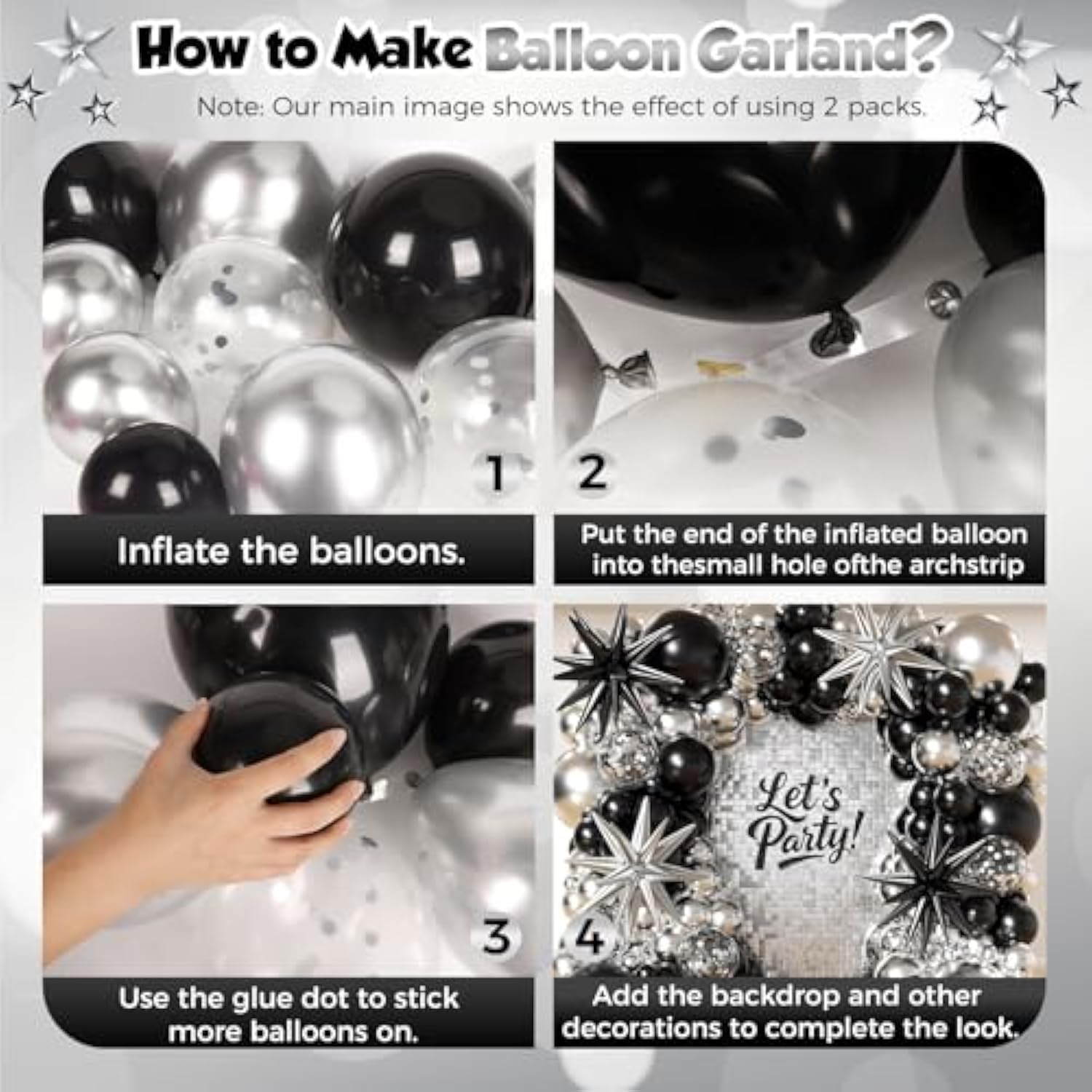 153-Piece Black & Silver Balloon Garland Kit with Stars – Multi-Size Metallic Black, Silver and Confetti Balloons for Parties