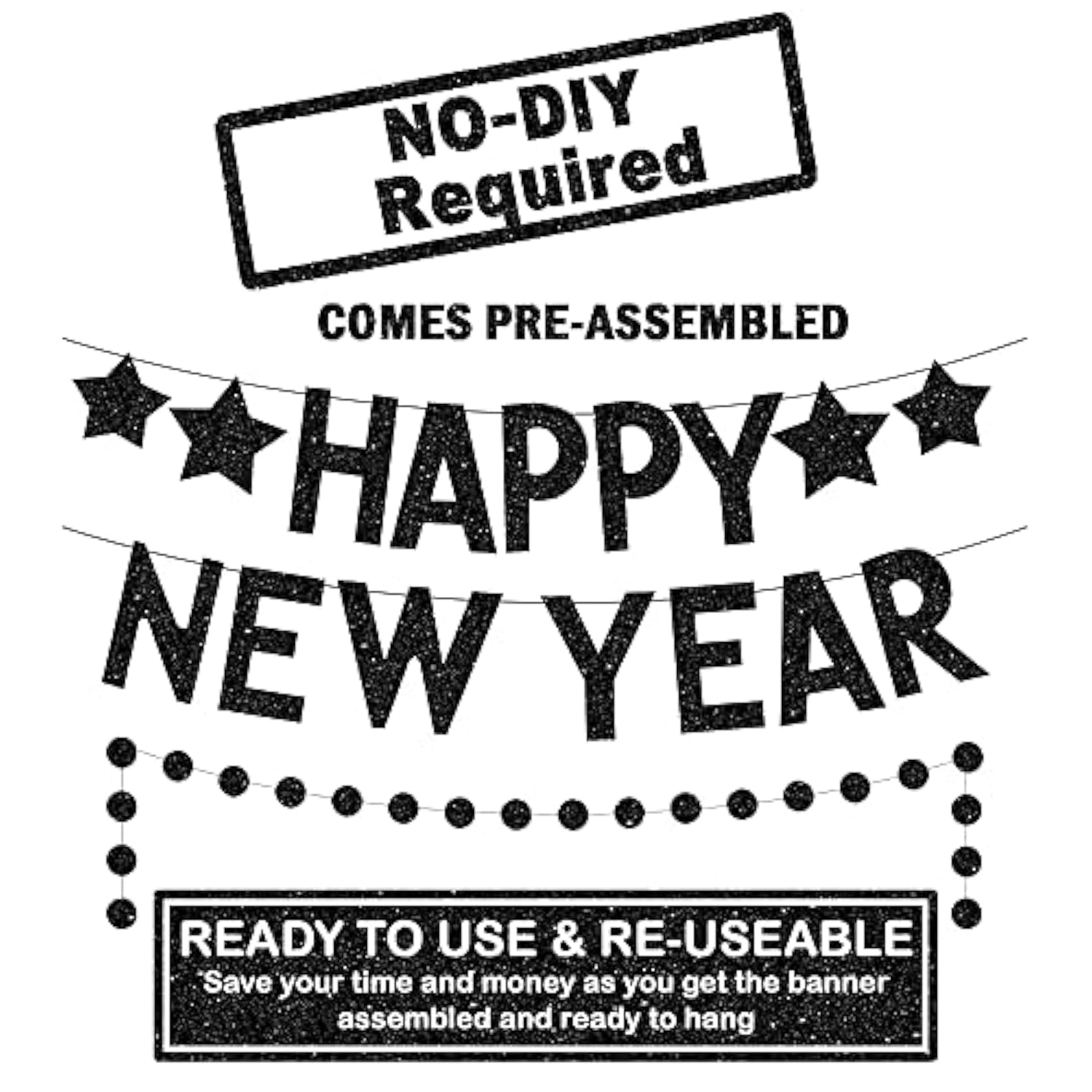 Glitter Happy New Year Banner 10ft Black 2 Strings Party Decor 2026