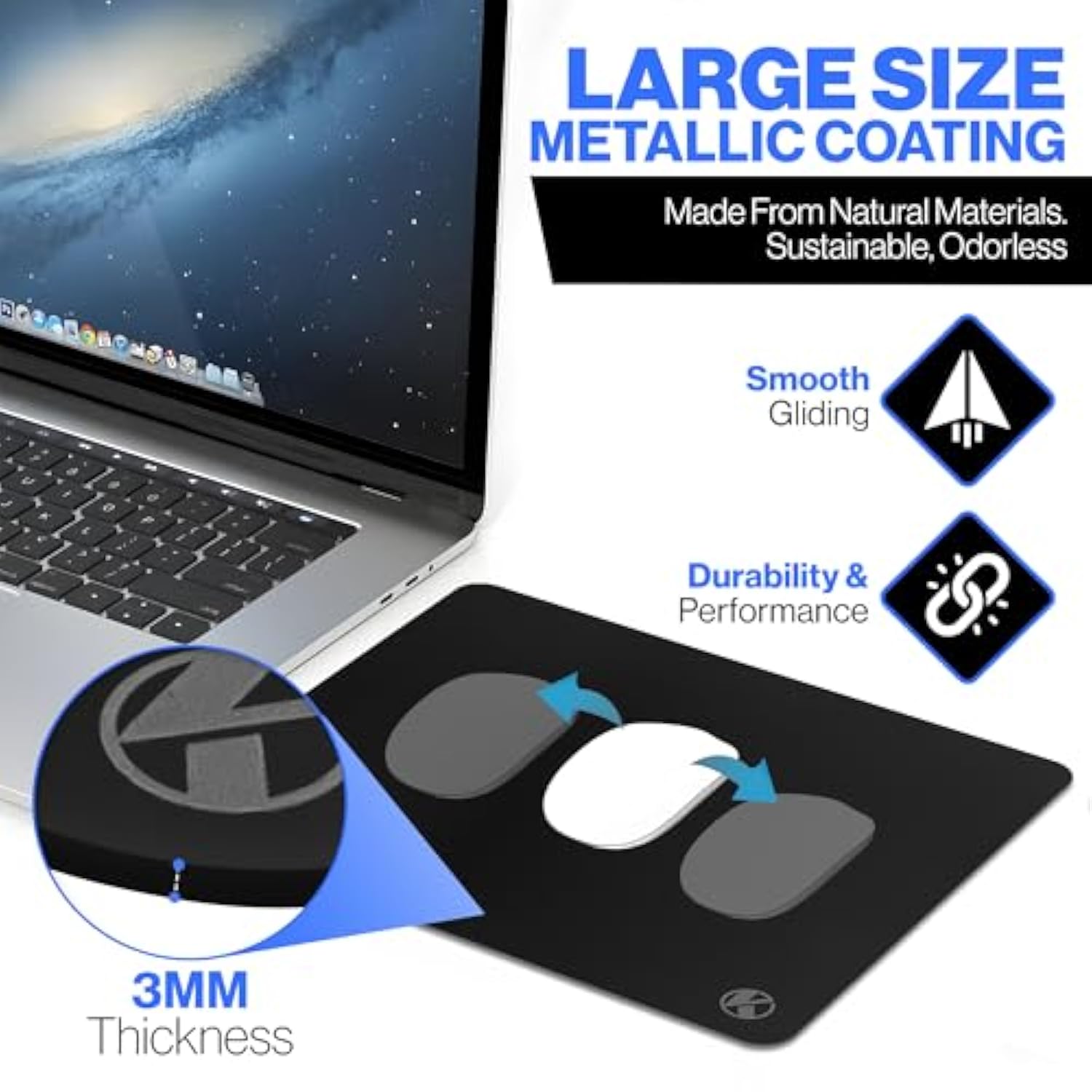 Metallic Coated Hard Surface Mouse Pad (L) - High Performance - Strong And Durable - Smooth Glide Surface Friction, Non-Slip Thin Mousepad For Office And Gaming (Metallic Black)