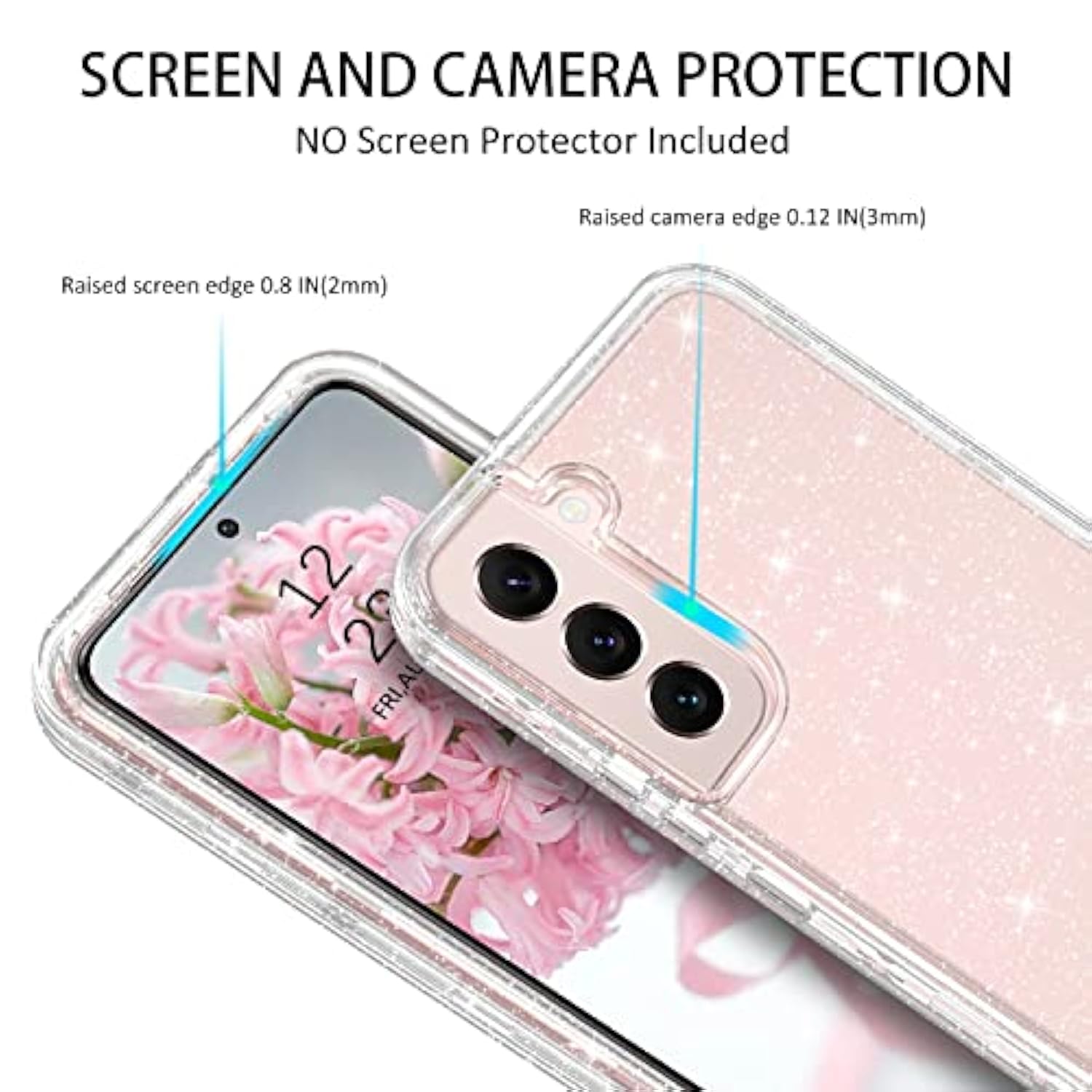 For Samsung Galaxy S22 6.1" 5G Case Glitter Full Body Protective 3 In 1 Heavy Duty Hybrid Hard Pc Rugged Shockproof Women Girls Transparent Bling Sparkle Cover Phone Case For Samsung S22, Clear