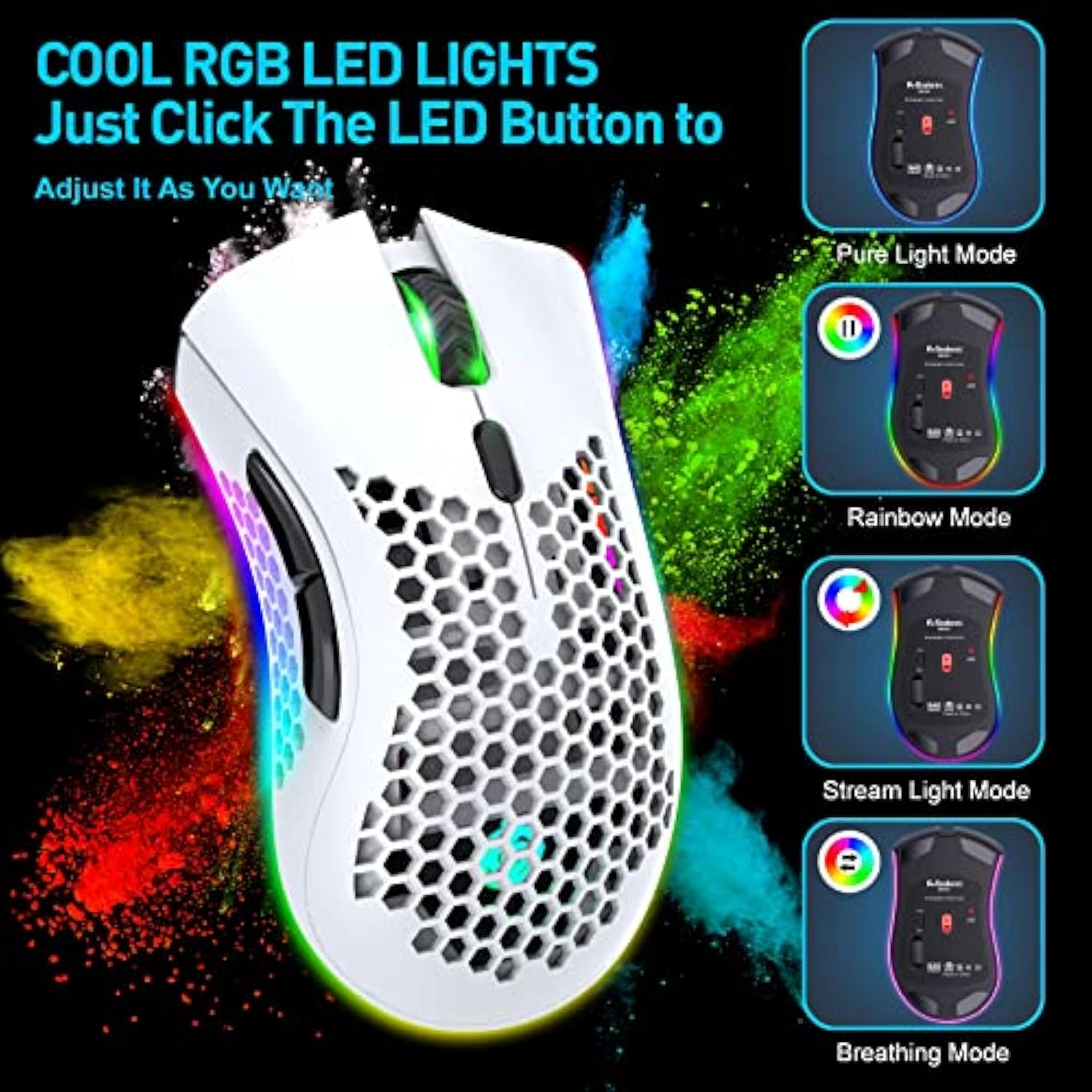 Wireless Gaming Mouse Lightweight Honeycomb Design, Rechargeable Rgb Backlight Computer Mouse With Usb Receiver,Adjustable Dpi,2.4Ghz Wireless Mouse For Pc/Mac/Laptop