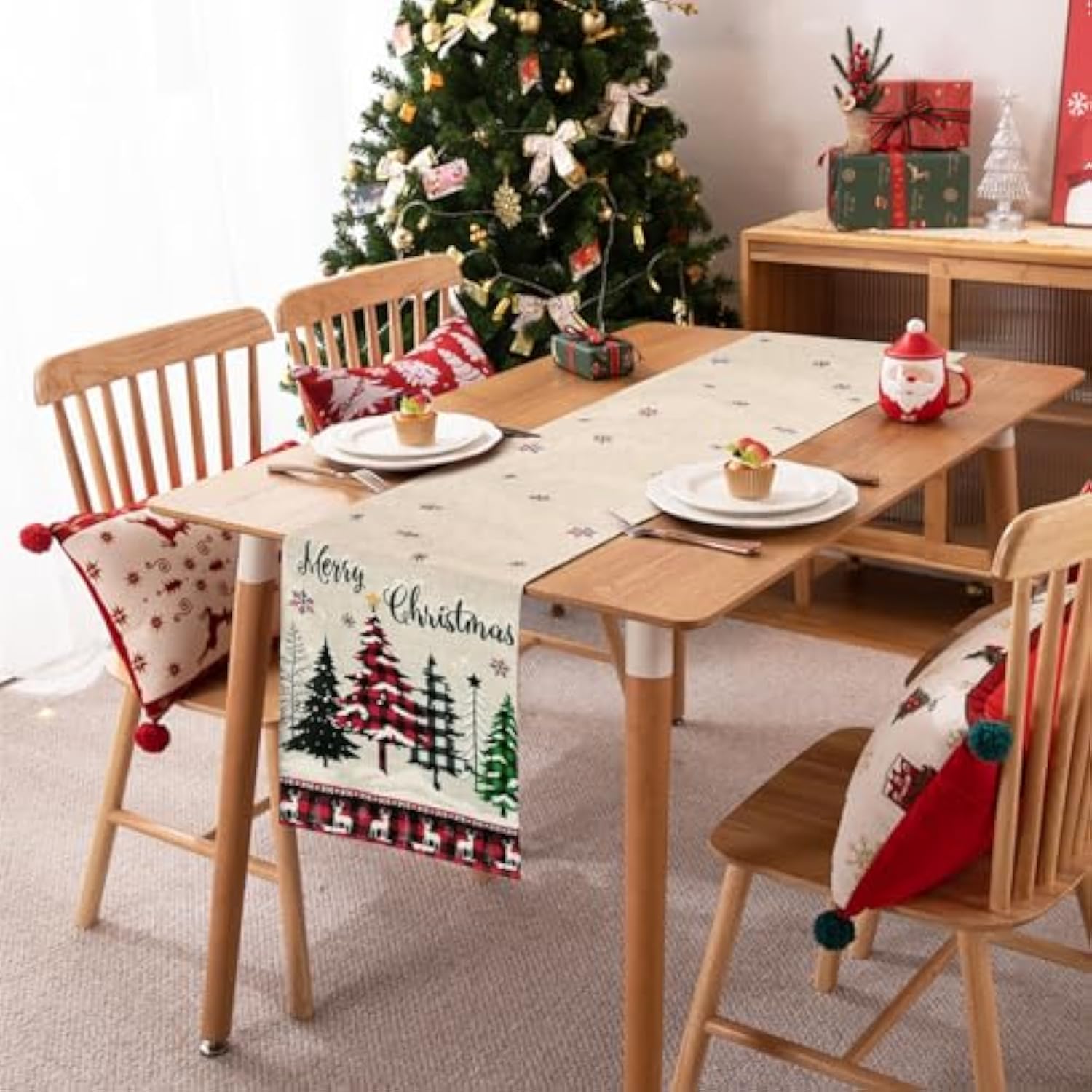 Buffalo Plaid Merry Christmas Trees Table Runner 13X72 Inch Snowflake Deer Seasonal Winter Holiday Kitchen Dining Table Decoration For Indoor Outdoor Home Party Decor