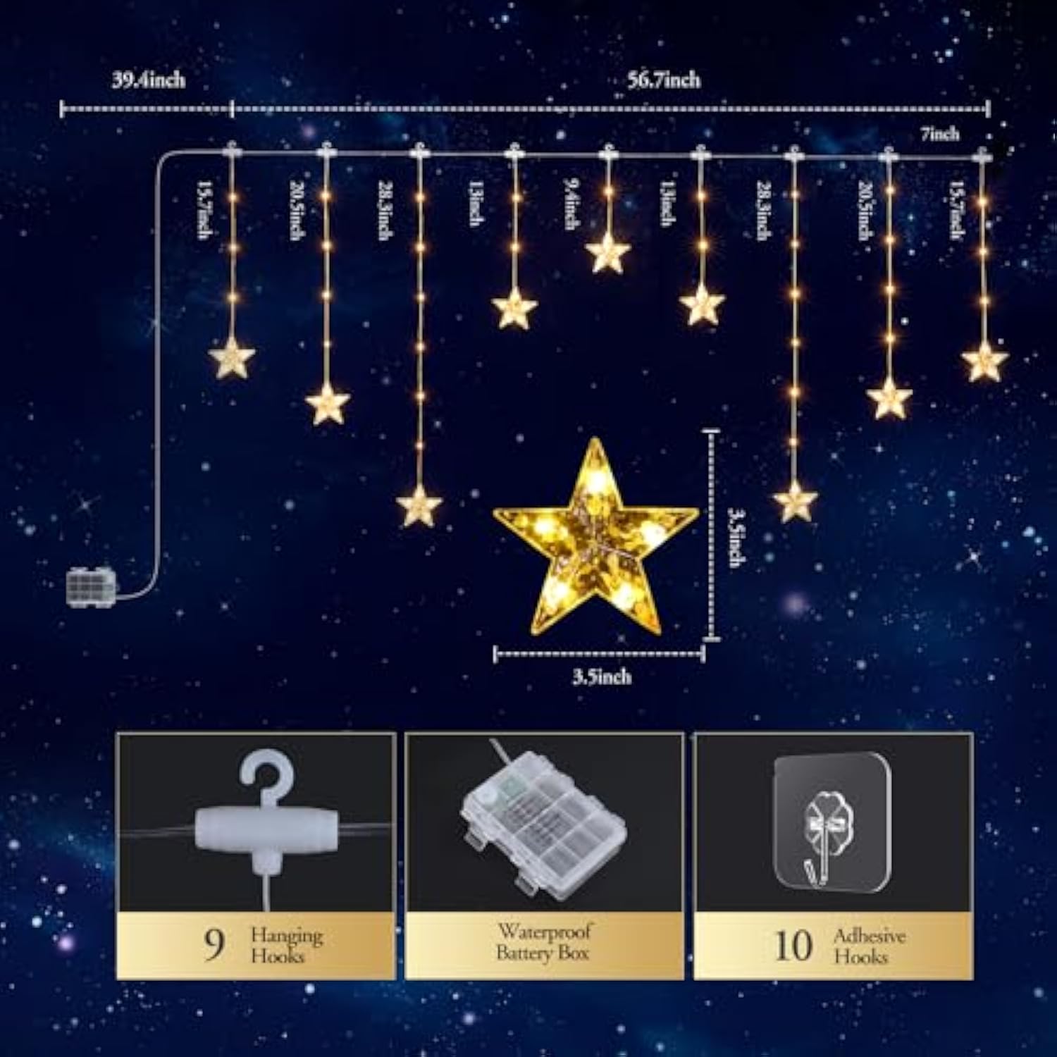 Star Christmas Window Lights, 76 Leds 9 Stars Curtain Lights Battery Operated With Timer, 8 Mode Xmas Hanging Window Dec