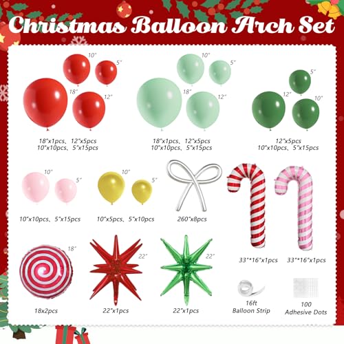 Christmas Balloon Garland Arch Kit, 146Pcs Red Green Pink Gold Balloons with Candy Cane Exploding Star Foil Balloons for Christmas Party Decorations