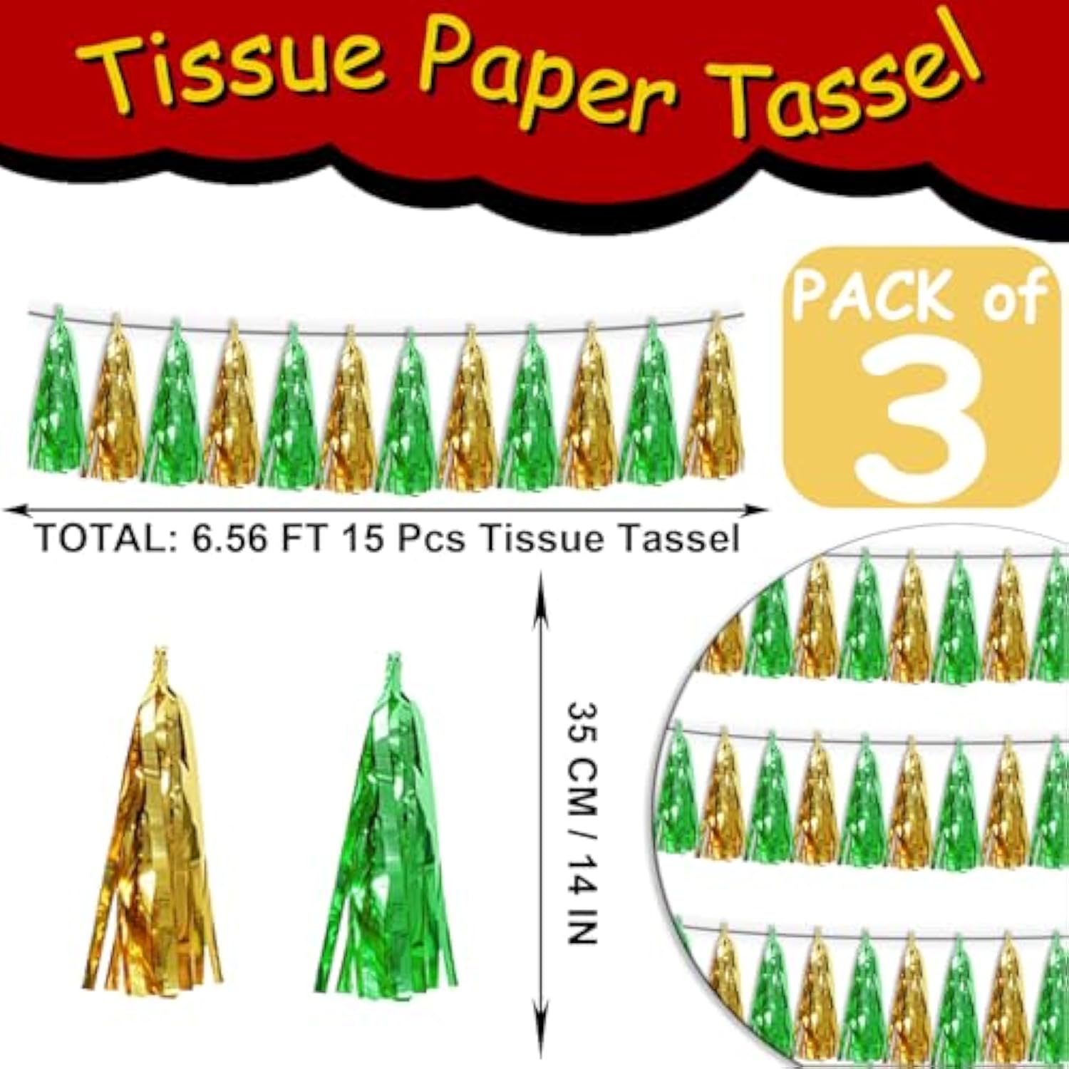 3P Sage-Green Gold Tassel Banner Garland Metallic Foil Fringe Banner Tinsel Tassels Streamer Banner Backdrop For Parade Floats, Graduation Decorations, Woodland Party Decoration