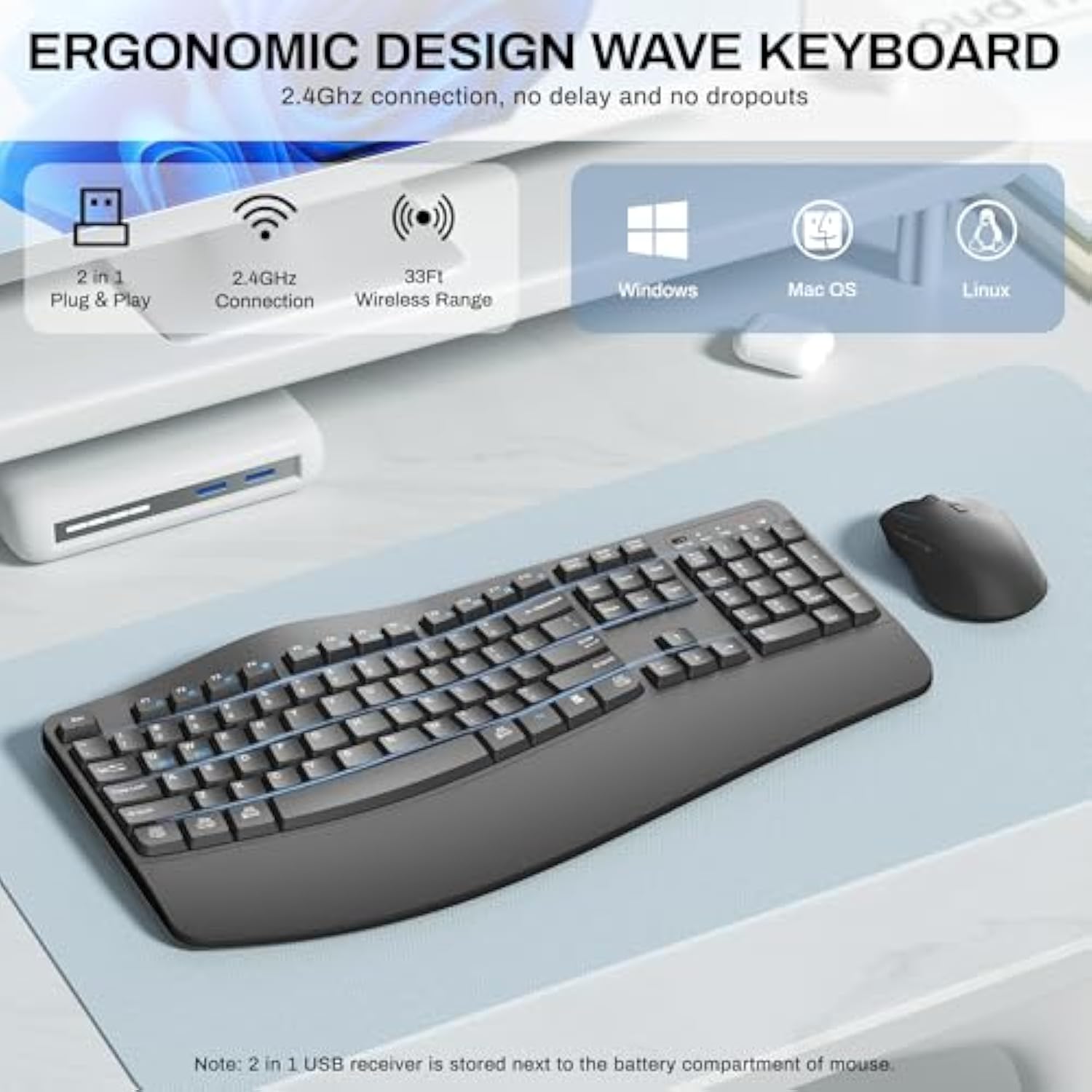Wireless Keyboard And Mouse Combo,2.4G Full Size Wave Keys Ergonomic Keyboard With Wrist Rest For Natural Typing, 3 Dpi Adjustable Ergonomic Silent Mouse For Computer/Laptop/Windows/Mac (Grey)