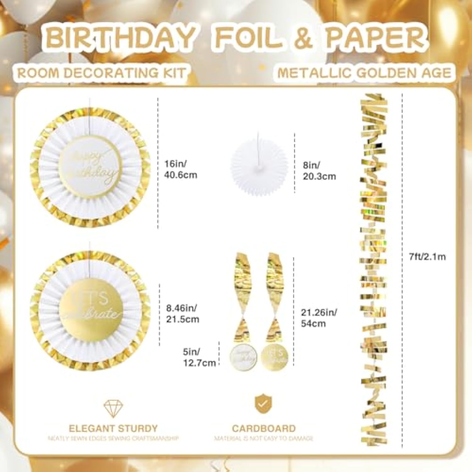 Gold Birthday Party Decorations Kit – 13Pcs White & Metallic Gold Hanging Paper Fans, Foil Swirls & Fringe Garland For Adults, Teens, Kids, Milestone Golden Birthday Backdrop Decor