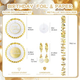 Gold Birthday Party Decorations Kit – 13Pcs White & Metallic Gold Hanging Paper Fans, Foil Swirls & Fringe Garland For Adults, Teens, Kids, Milestone Golden Birthday Backdrop Decor