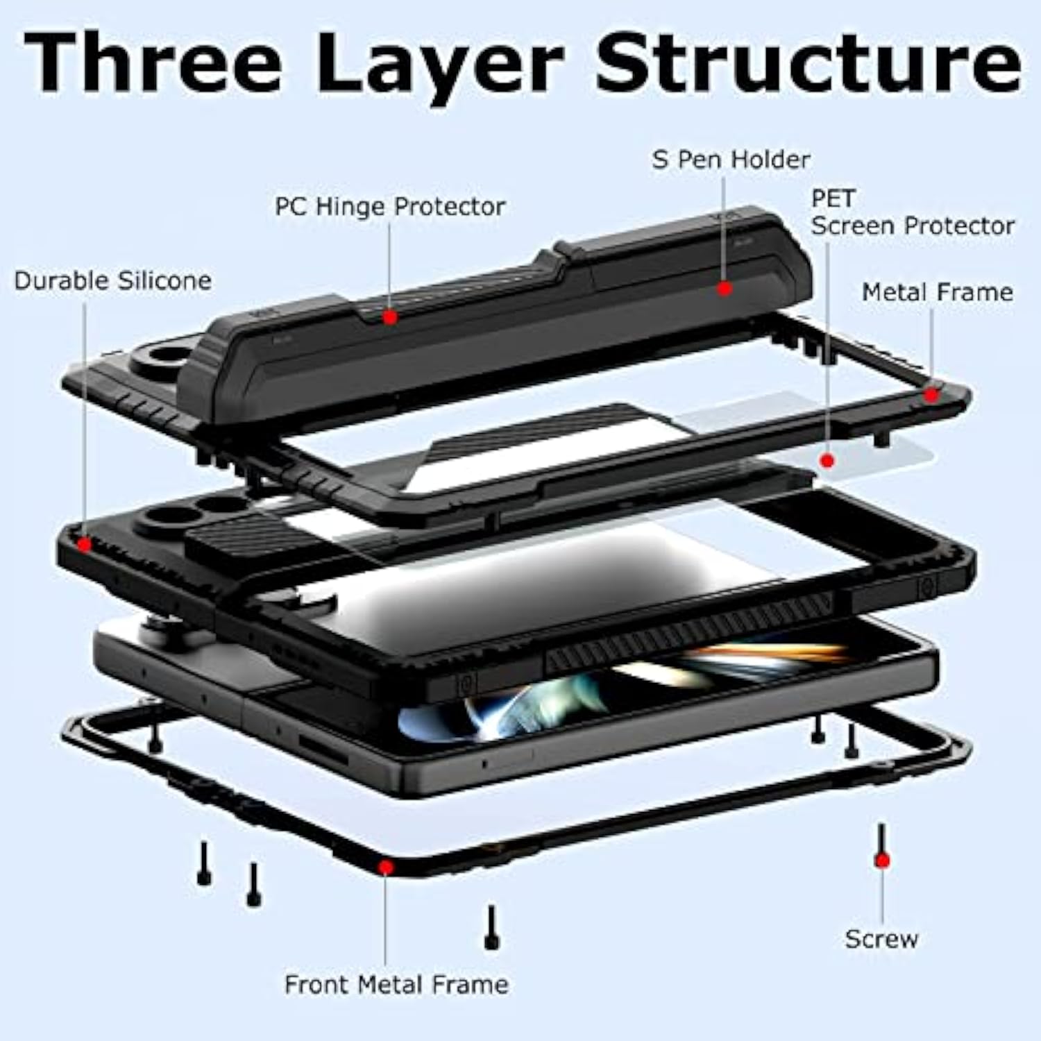 For Samsung Galaxy Z Fold 4 Metal Case With S Pen Holder, Military Rugged Heavy Duty Z Fold4 Case Built In Screen Protector Full-Body Drop Protection Kickstand Phone Case For Z Fold 4 - Black