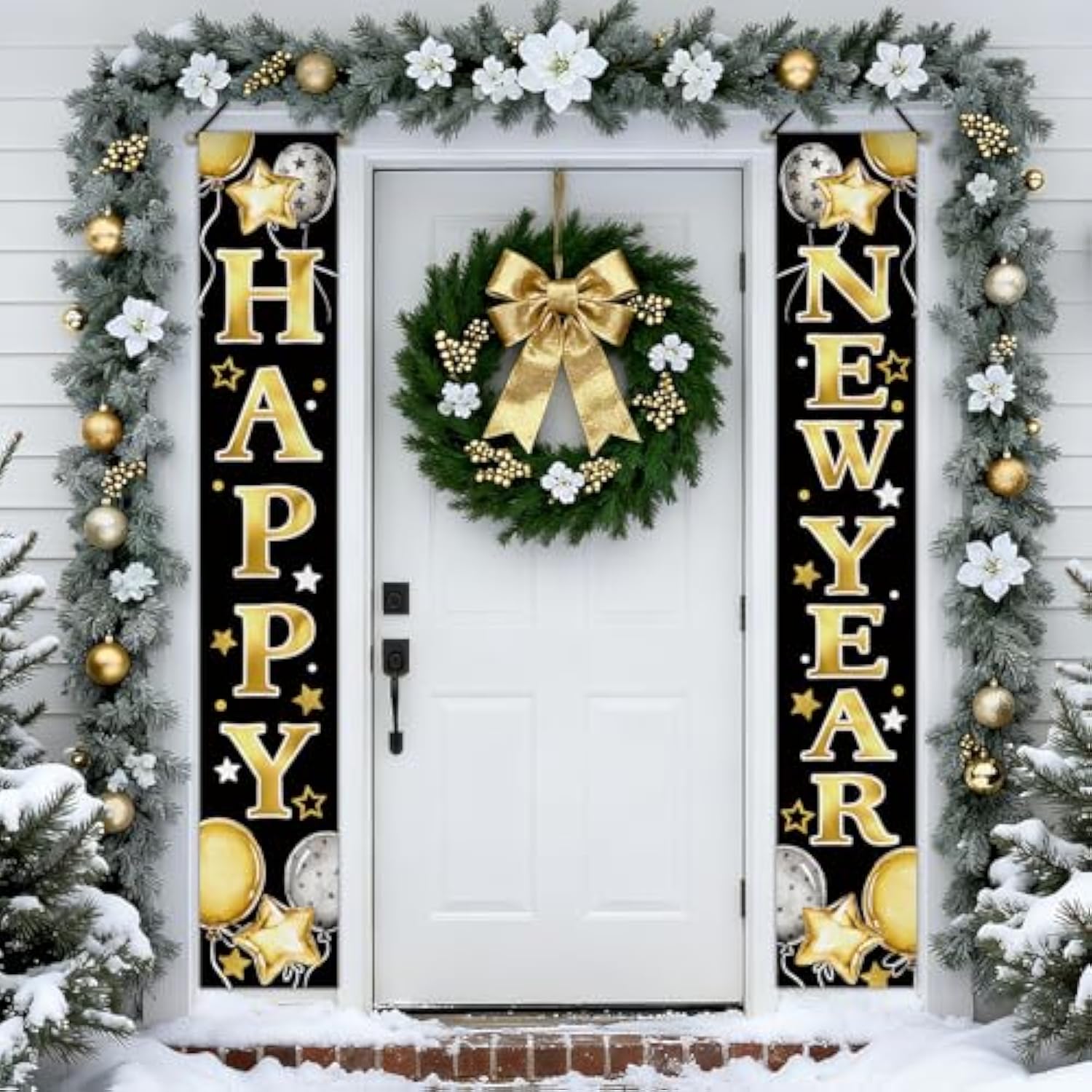 Happy New Year 2026 Porch Banner Black Gold Balloon Stars Front Door Decor