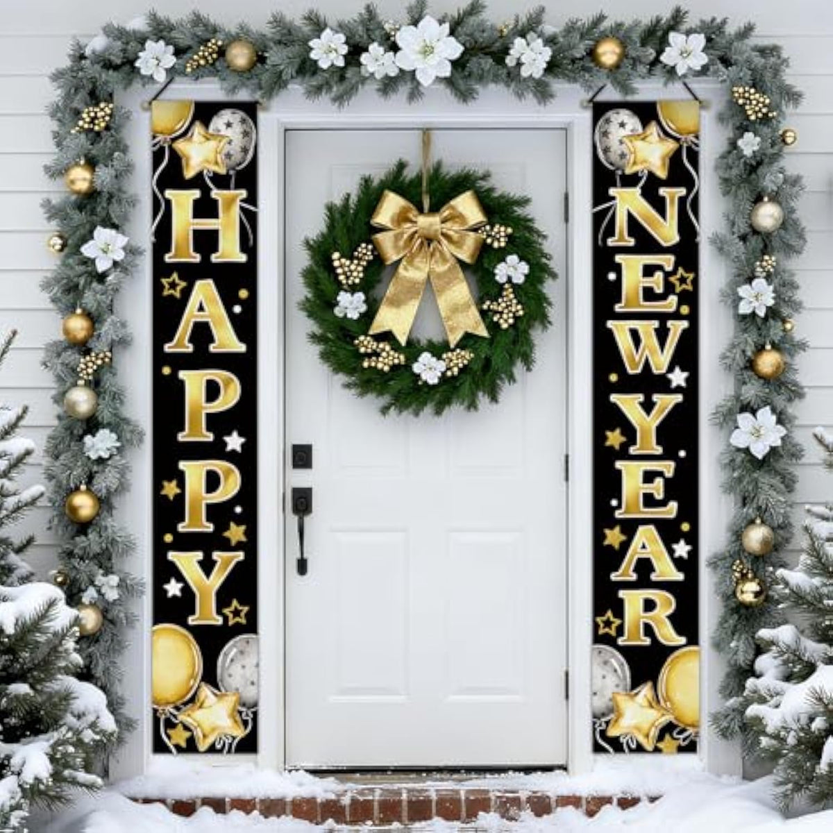 Happy New Year 2026 Porch Banner Black Gold Balloon Stars Front Door Decor