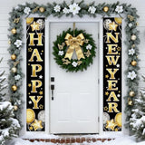 Happy New Year 2026 Porch Banner Black Gold Balloon Stars Front Door Decor