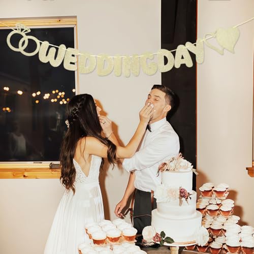 Wedding Day Banner, Champagne Gold Glitter Wedding Banner with Hearts & Diamond Ring Shapes, Wedding Reception Decoration for Anniversary, Ceremony, Bridal Shower & Engagement Party