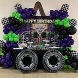Monster Truck Theme Balloon Garland, 132Pcs Black Green Dark Purple Balloon Arch With Car Wheel Balloon, Chessboard Foil Balloons For Monster Jam Theme Birthday, Baby Shower, Race Car Birthday Party