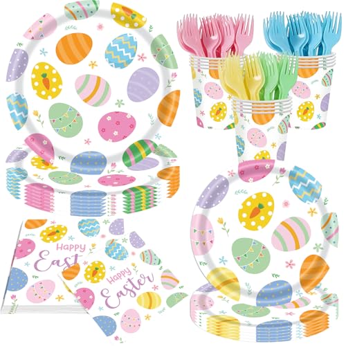 Easter Birthday Party Supplies Set - 120-Piece Easter Paper Plates and Napkins Forks Tableware Set,Disposable Tableware Kit with Bunny & Egg Designs, Perfect for Kids & Adults Spring Celebrations