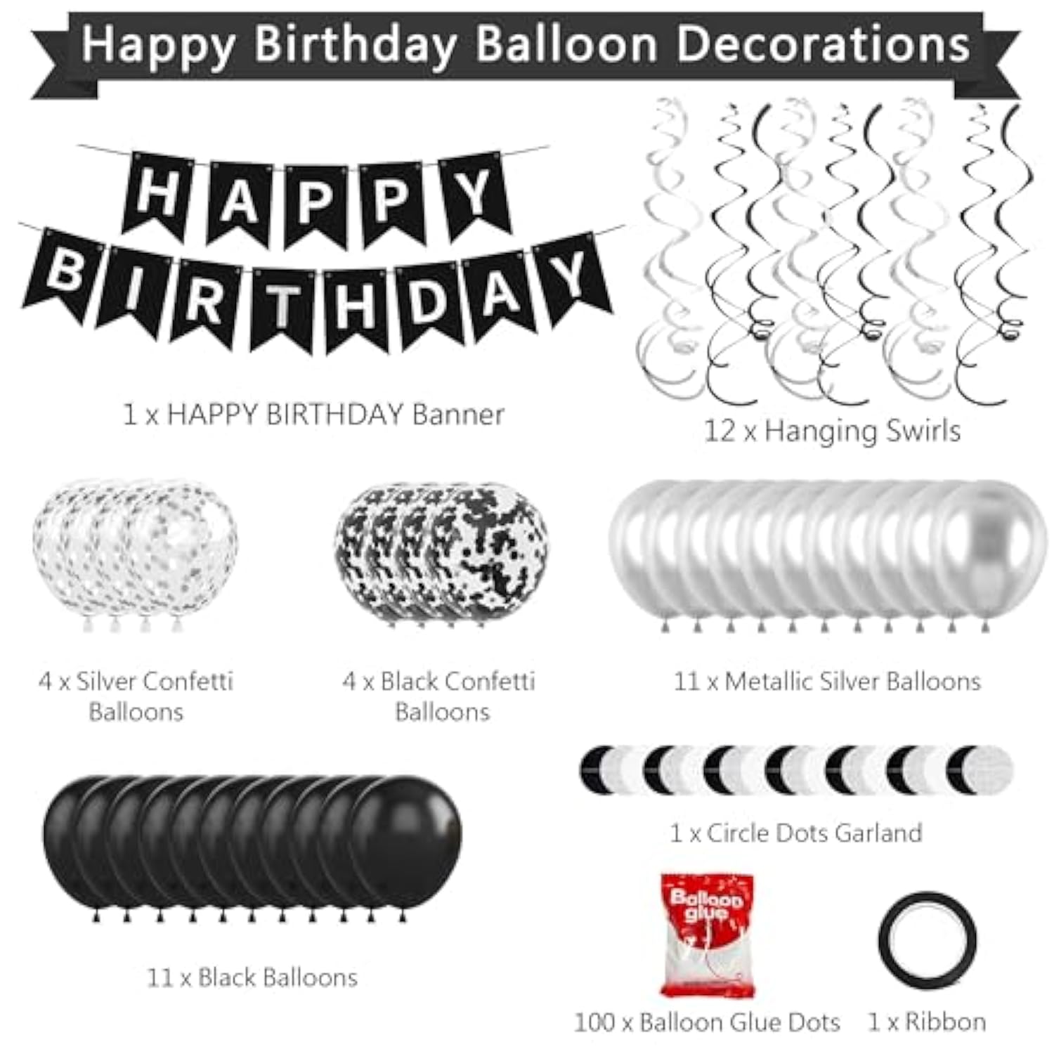 Black & Silver Happy Birthday Decorations, Banner, Swirls, Balloons & Party Supplies