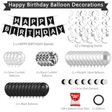 Black & Silver Happy Birthday Decorations, Banner, Swirls, Balloons & Party Supplies