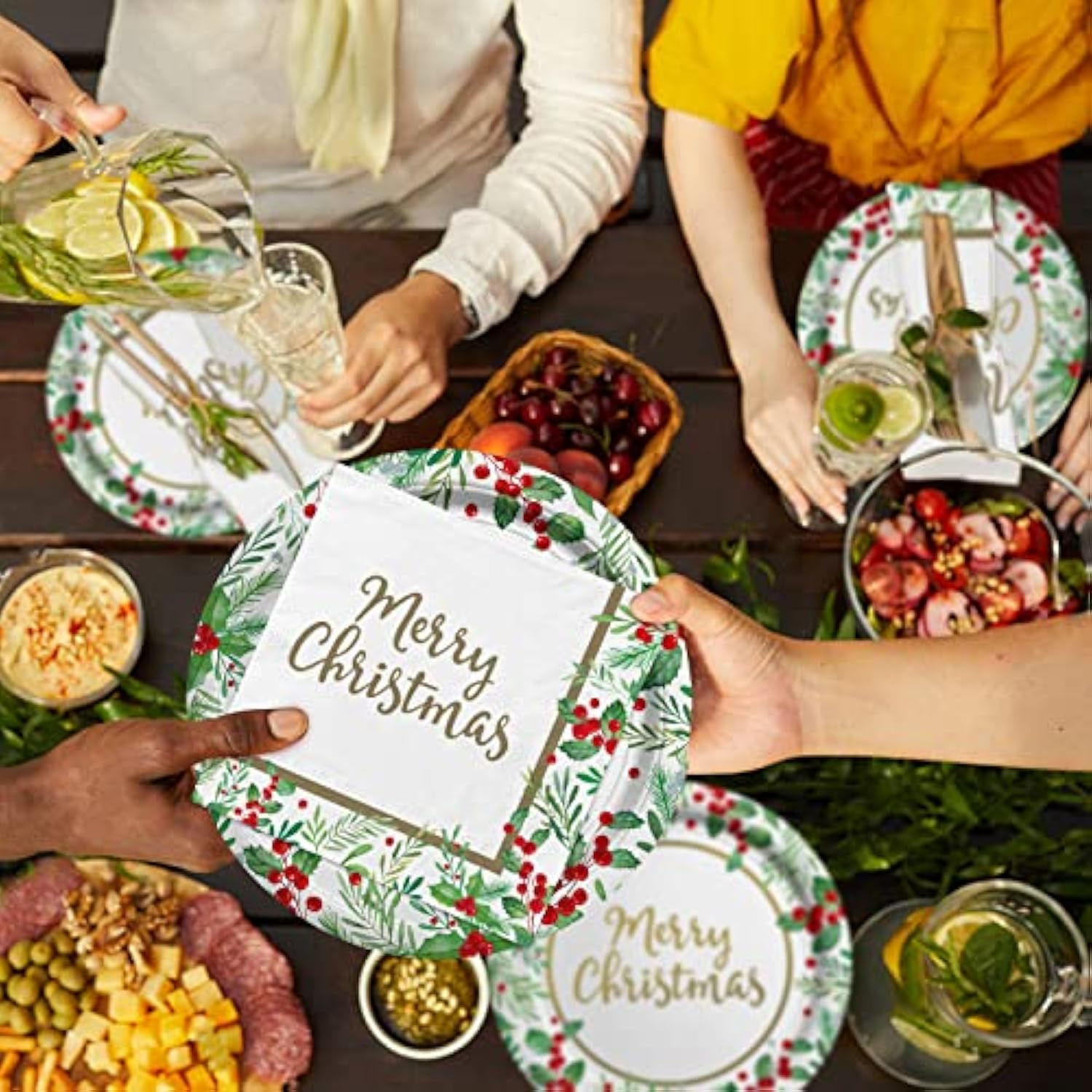 25 Set Christmas Holly Tableware Dinner & Dessert Plates with Napkins