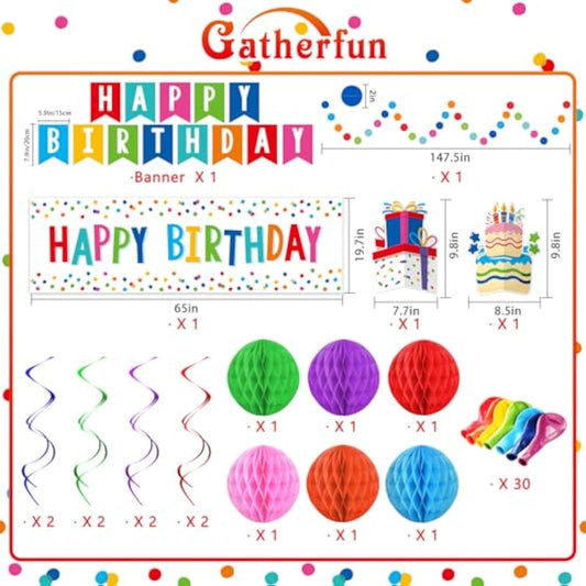 Happy Birthday Decorations Kit: Happy Birthday Banner,Birthday Dots Design Plastic Backdrop, Circle Confetti Garland, Swirl Streamers, Honeycomb Balls & Party Balloons - Table Centerpiece Set